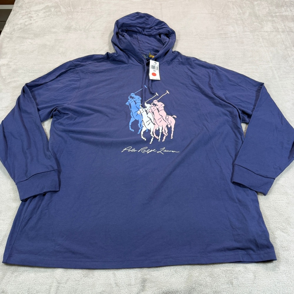 Polo Ralph Lauren Mens 2XB Big Tall Blue Triple Pony Graphic Hoodie Lightweight